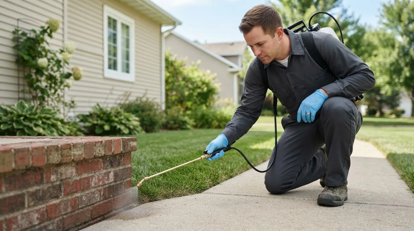 Pest control technician treating a home near Marceline, MO